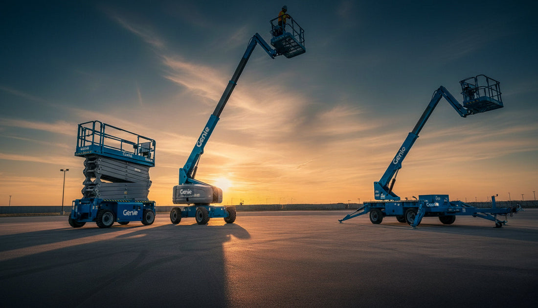Genie scissor lifts and boom lifts at sunset for heavy equipment rental services by B&O Lift Rental