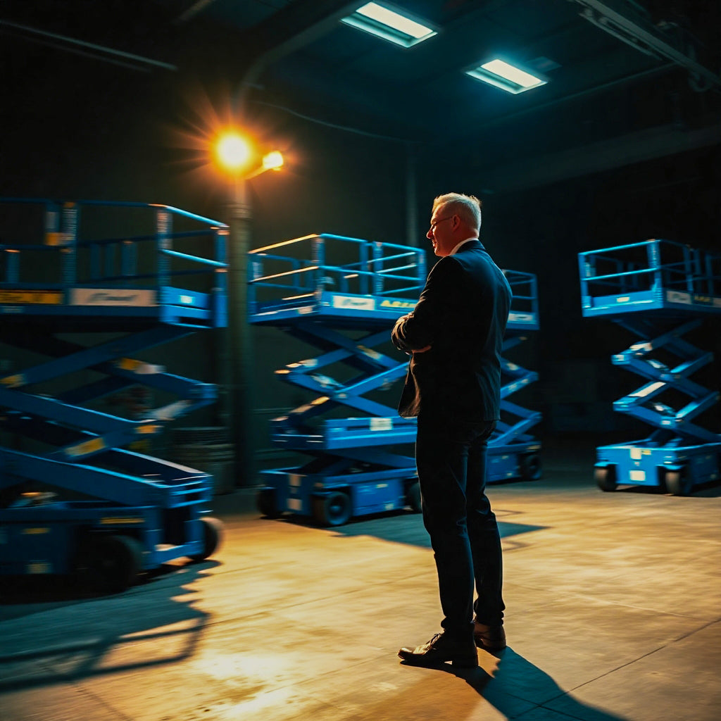 Scissor lift rental equipment inside warehouse, aerial work platforms ready for industrial and construction projects.