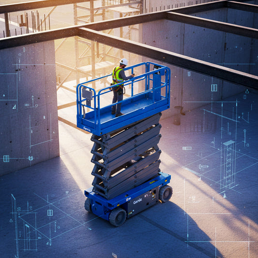 A professional operator using a blue Genie scissor lift on a construction site with digital planning overlays for B&O Lift Rental.