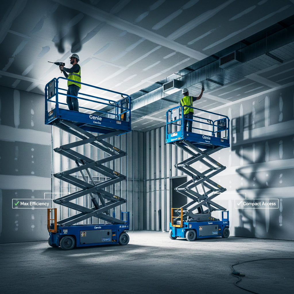Genie scissor lifts parked being used, showcasing a professional heavy equipment rental fleet by B&O Lift Rental.