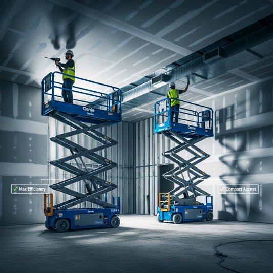 Genie scissor lifts parked being used, showcasing a professional heavy equipment rental fleet by B&O Lift Rental.