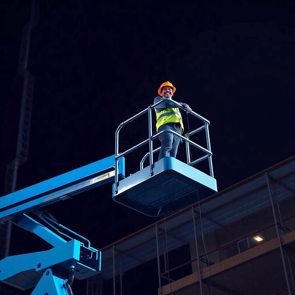 Construction worker operating a boom lift at height during nighttime building maintenance.
