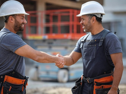 Two construction workers wearing hard hats shake hands at a construction site, with a scissor lift visible in the background.